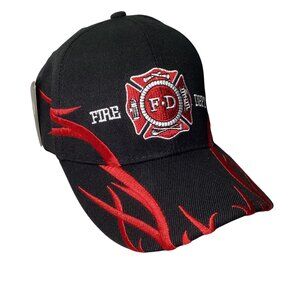 Fire Dept Black Cap OS fits All Embroidered w Logo & Flames Brand New Tags